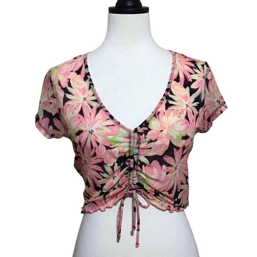 Celebrity Pink Swim Floral Mesh Ruched Crop Swim Cover Upβ L 11-13